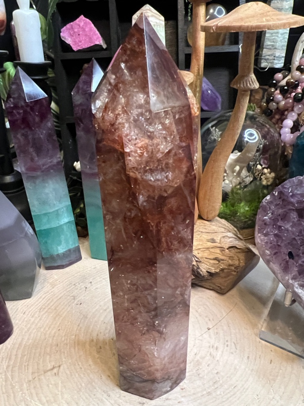Hematoid (fire) quartz tower with rainbows